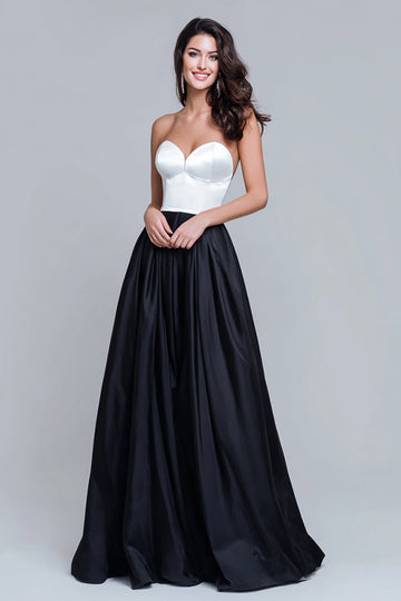 Black and White A Line Satin Long Formal Dress